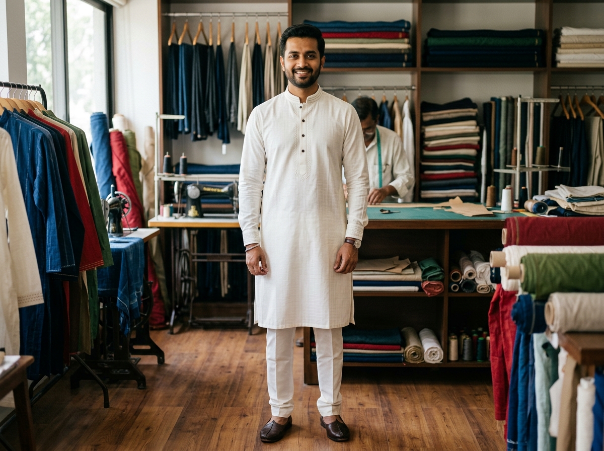 Tailored Indian Kurta Pajama crafted in Rewari atelier