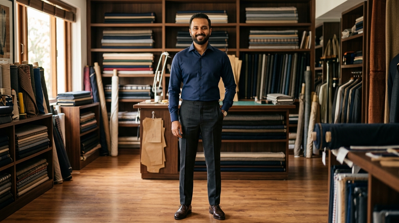 Tailored formal trousers and navy shirt crafted in Rewari