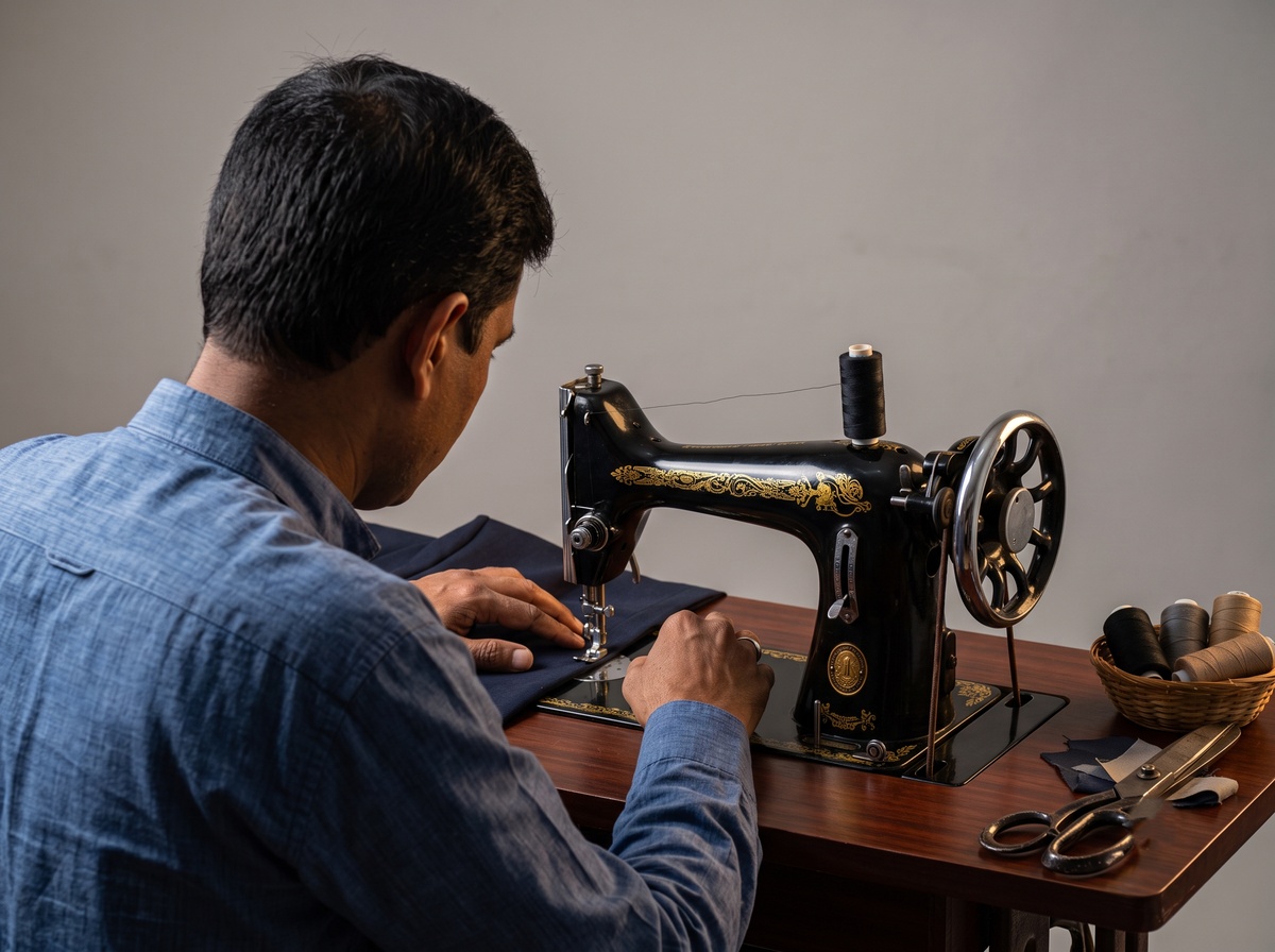 Master tailor seated at industrial sewing machine seen from behind stitching garment pieces
