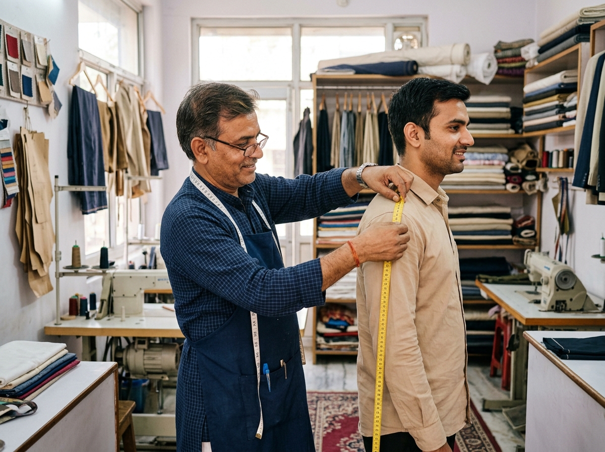 Master tailor taking individual measurements at Cityline Tailors Rewari