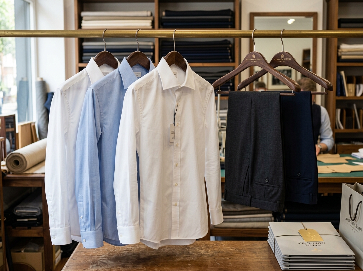 Finished custom casual shirts on wooden hangers